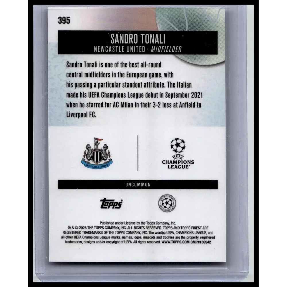 2025-26 Finest UEFA Sandro Tonali #395 Newcastle United Orange Refractor #/20